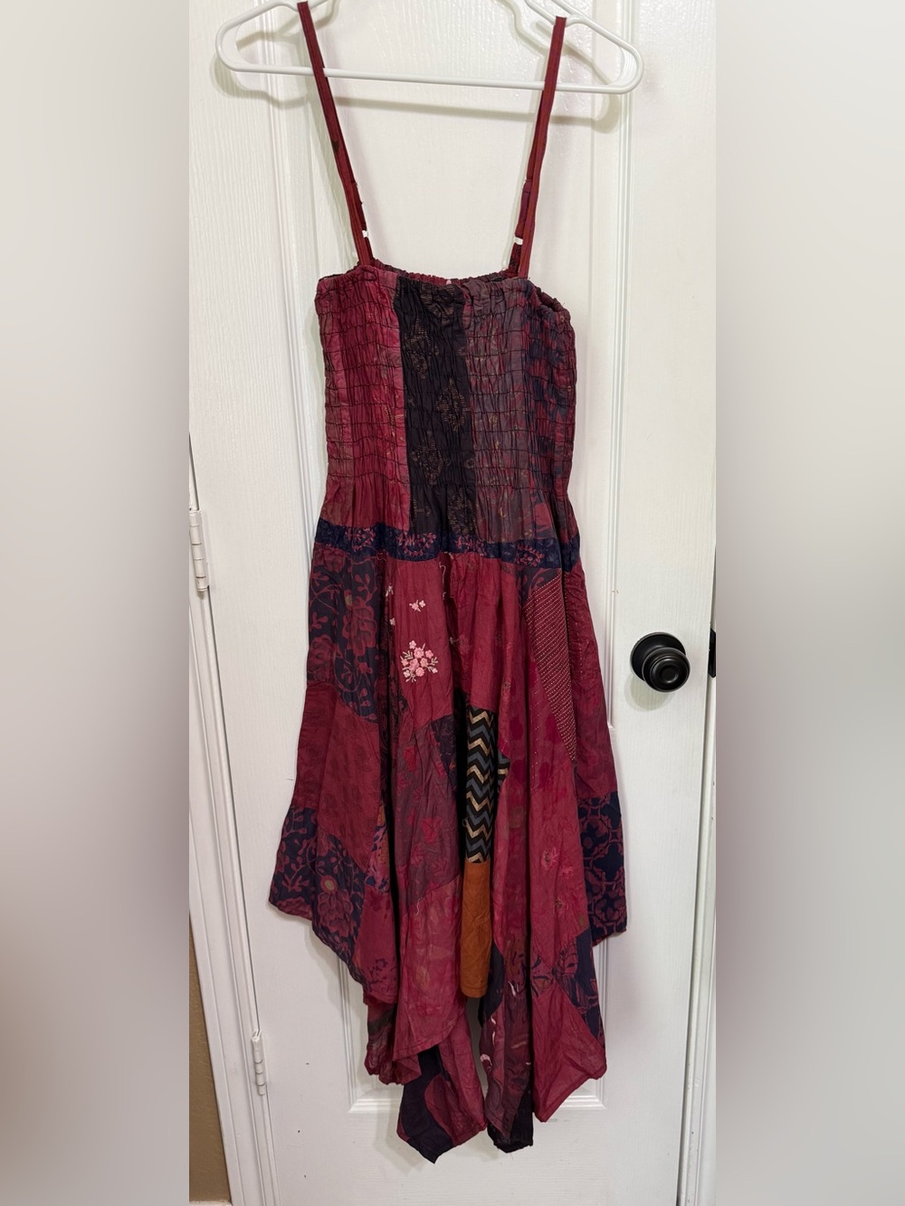 H071 New etc Free Size pp 12-22 Boho Patchwork Spaghetti Strap Dress in Burgundy